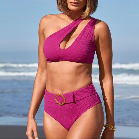 New CositaLinda One Shoulder Cutout Belted Bikini Pink Magenta